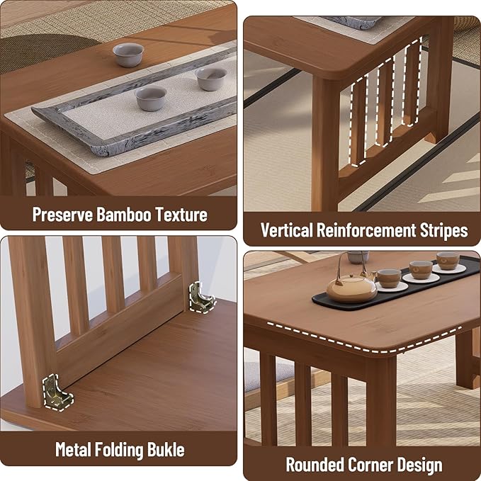 Japanese Folding Floor Coffee Table, Bamboo Foldable Low Table for Sitting On The Floor No Assembly Portable Tea Table Chabudai Table for Tatami, Bay Window, Meditation, Altar (Walnut)