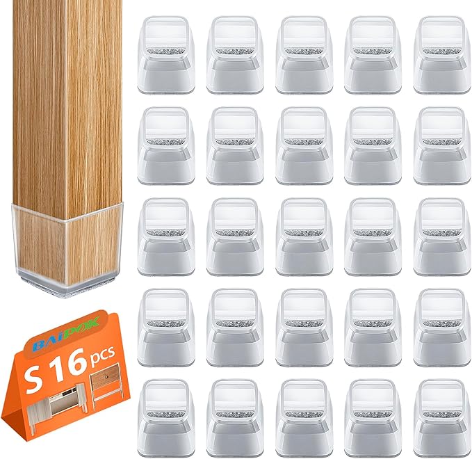 16pcs Square Chair Leg Floor Protectors, Furniture Pads for Hardwood Floors, Furniture Sliders for Chair Legs, Floor Protectors for Chairs, Silicone Chair Leg Caps Cover, Clear, Small