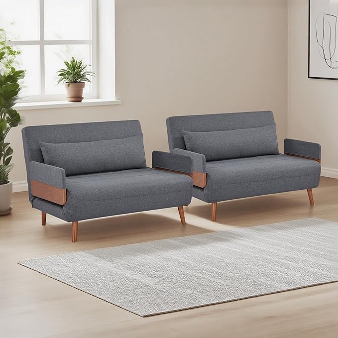 CITTANEO 2 Sets 45" Convertible Sleeper Chairs, 3-in-1 Chair Bed Sleeper for Adults with Adjustable Backrest, Pillows & Wooden Arms, 2 Piece Sofa Bed and Loveseat Sets for Living Room, Office, Gray