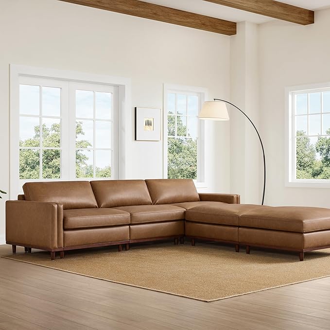 CHITA 118" Super Large Luxury L Shape Convertible Sectional Modular Sofa, FSC Certified Down Filled Modern Sofa, Deep Seat Cloud Couch, 5 Seat Couch with Chaise, Solid Wood Leg, Faux Leather in Camel
