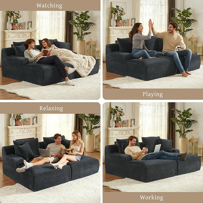 VEPXXP 80" Double Chaise Lounge Chair Indoor, Oversized Boneless Couch Comfy Upholstered Sleeper Sofa Bed with 4 Pillows, Corduroy Cloud Loveseat Chair for Living Room No Assembly Required, Dark Grey