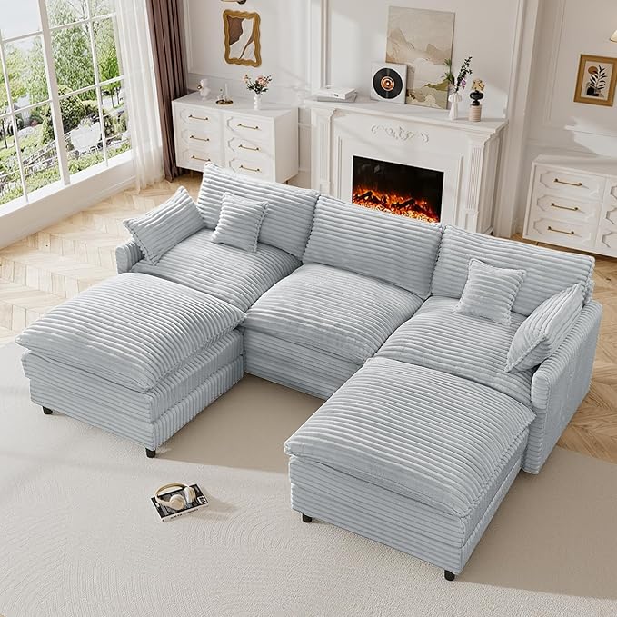 HYJT-H&K 108" U Shaped Cloud Couch Modular Grey Sectional Couches for Living Room, Comfy Fluffy Corduroy Oversized Cloud Sectional Couch Large 5 Seat Sectionals Sofa Set, Grey