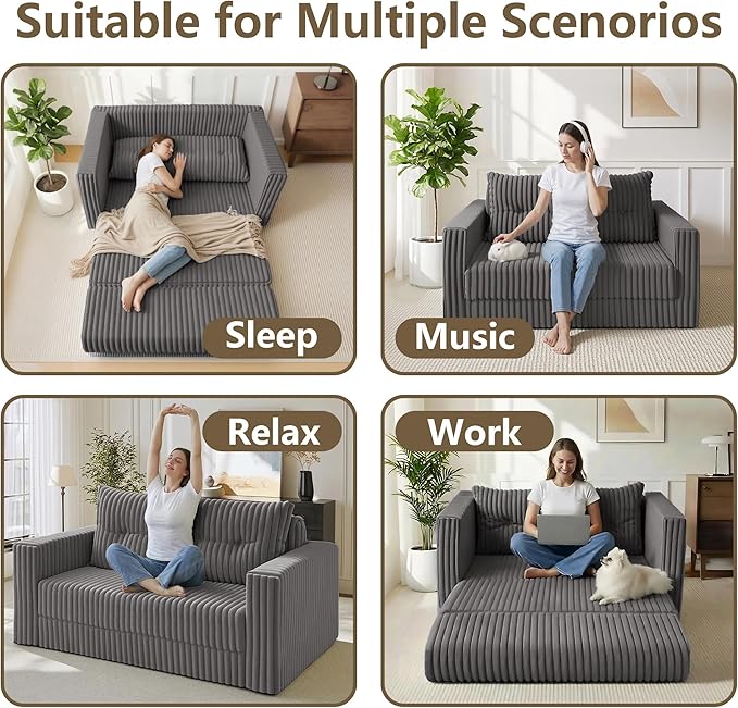 HABUTWAY Folding Sofa Bed, 2 in 1 Convertible Sleeper Chair with Pillow, Portable Fold Out Chair Bed with Armrest, Comfy Floor Couch, Lazy Sofa for Living Room Bedroom Dorm Home Office, Grey