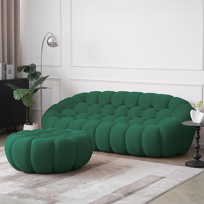 JACH Bubble Sofa with Ottoman, Curved Couch, Comfy Upholstered Sofa, Mesh Fabric 3D Honeycomb Shape Modern Couch for Living Room, Office, Apartment, Small Space (Green)