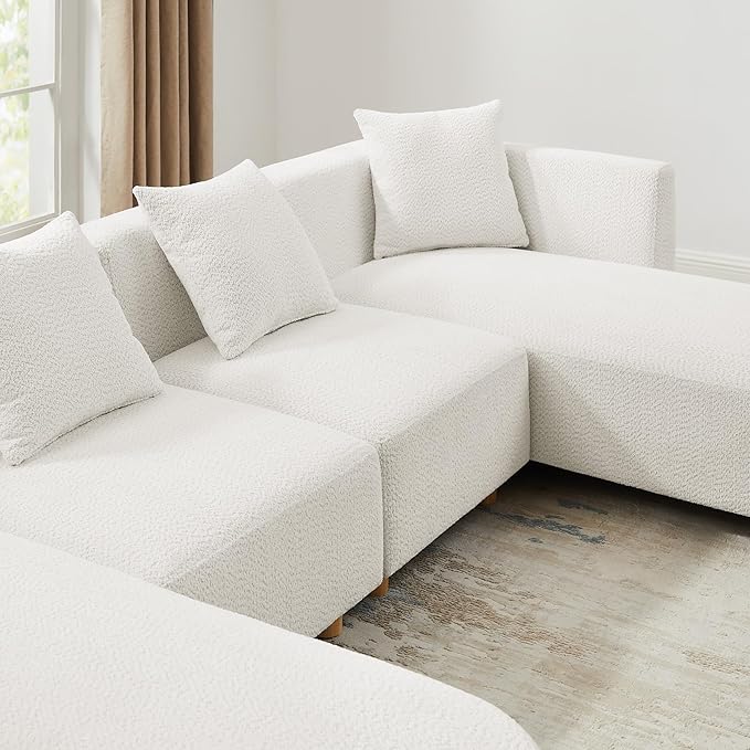 VANOMi 113" Sectional Sofa with 4 Pillows, U-Shaped 4-Seater Comfy Boucle Cloud Couch, Modern Double Chaises Lounge Sofas for Living Room, Office, Apartment (White-U)