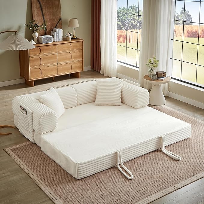AUGOP Boneless Couch Folding Couches for Living Room Sofa, Futon Sofa Bed with Sleeper Sofa, Futon Couch with Fixed-Shape Oversized Corduroy Upholstered (White, 81 Inches)