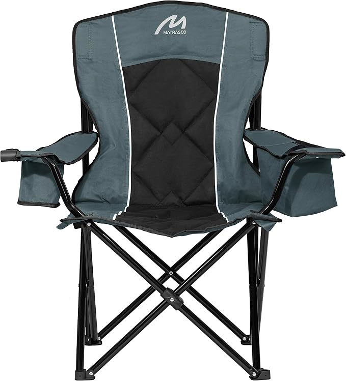 Matrasco Oversized Padded Camping Chair, Heavy-Duty Steel Frame for 450 lbs Supports, Convenient 6-Can Cooler, Portable Carry Bag, Perfect for Outdoor, Beach, and Hiking (Gray & Black)