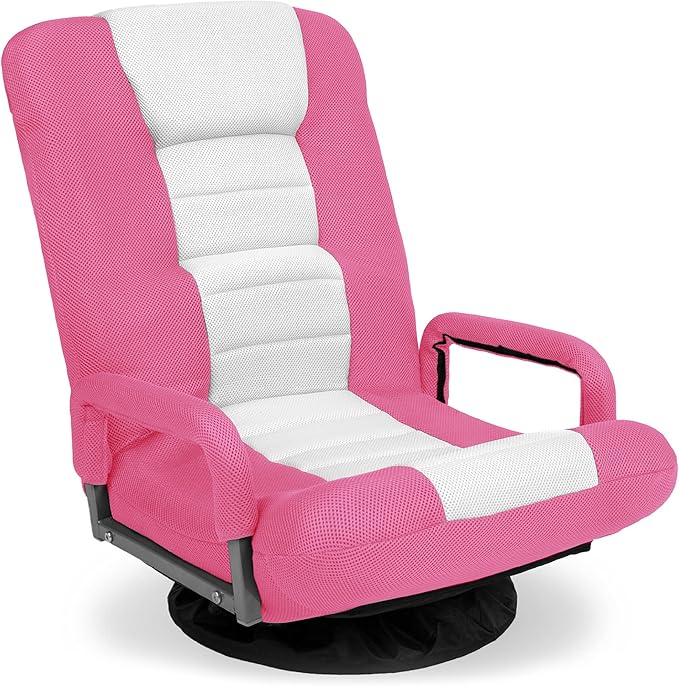 Best Choice Products Swivel Gaming Chair 360 Degree Multipurpose Floor Chair Rocker for TV, Reading, Playing Video Games w/Lumbar Support, Armrest Handles, Adjustable Foldable Backrest - Pink/White