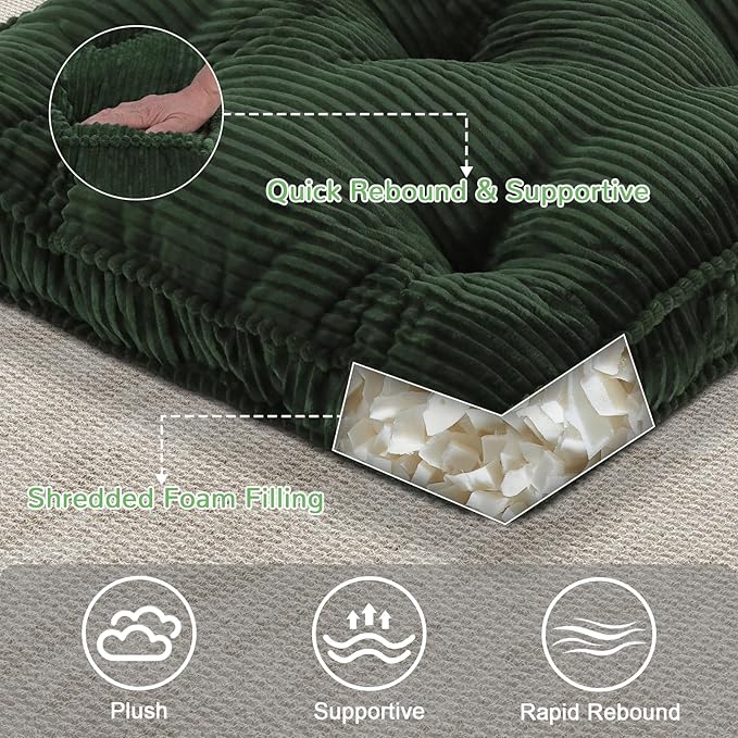 PRIMEPATIO Square Floor Pillow for Adults, Tufted Floor Cushion for Sitting, Large Meditation Cushion, Thick Corduroy Seat with Handle, Tatami Seating for Yoga, 24x24 Inch Green, 2Pack