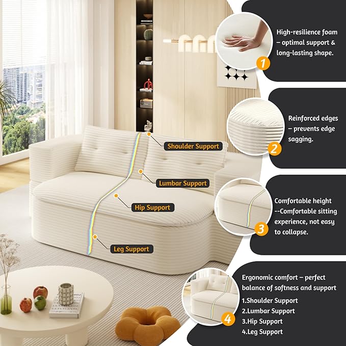 79" Foldable Floor Couch, 2-Seat Convertible Sleeper Sofa with Blanket and 2 Soft Pillows, Corduroy Fabric, for Living Room, Bedroom, Apartment, No Assembly Required, Beige
