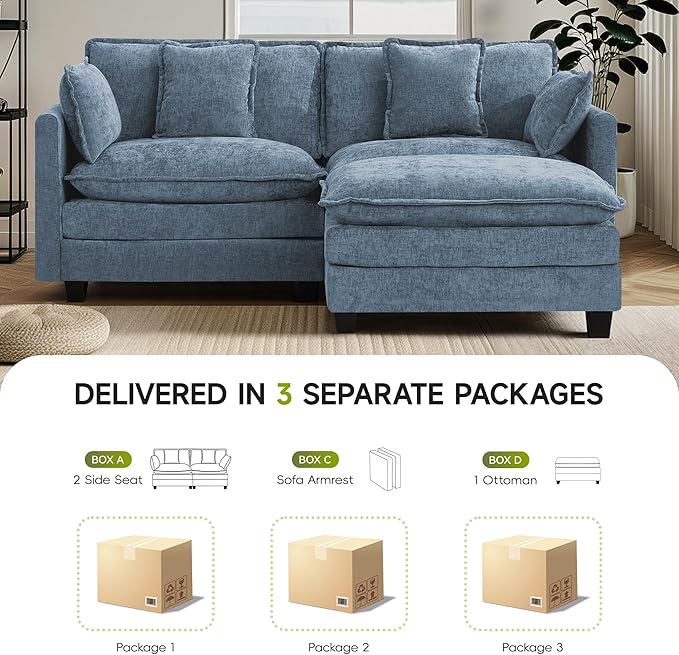 UMBFUN Cloud Couch Loveseat with Ottoman, Oversized Comfy Modular Sectional L Shaped Sofa with Deep Seat Cushions, Chenille 2-Seater Lounge Set for Living Room, Blue