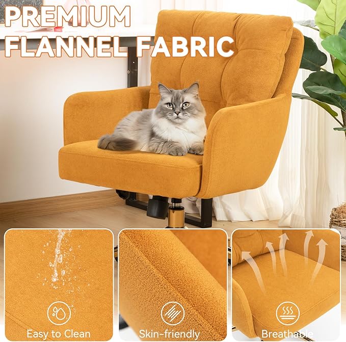 BALIAA Flannel Office Chair, Comfy Home Office Desk Chairs with Lumbar Support, Modern Velvet Desk Chair Gold Legs Small Swivel Task Chair for Home Office, Bedroom, Study (Yellow, XL)