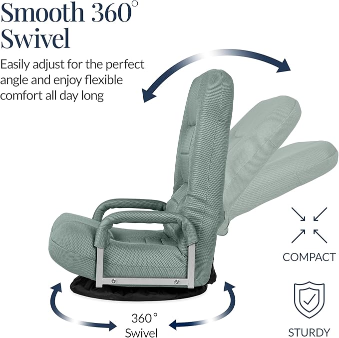 Best Choice Products Swivel Gaming Chair 360 Degree Multipurpose Floor Chair Rocker for TV, Reading, Playing Video Games w/Lumbar Support, Armrest Handles, Adjustable Foldable Backrest - Sage Green