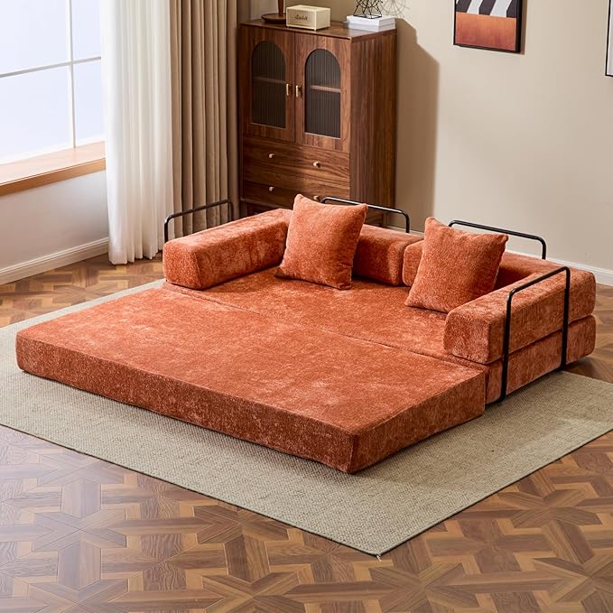 77" Convertible Foldable Floor Couch, 3-Seat Futon Sleeper Sofa for Living Room, Bedroom, or Apartment, with Pillow Backrest and Armrests, Chenille Fabric, No Assembly Required, Orange