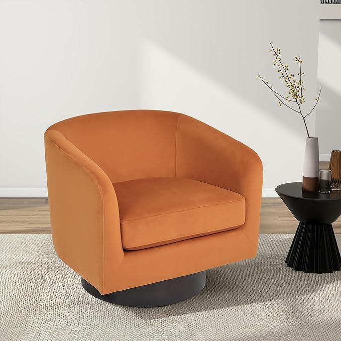 Swivel Barrel Chair, Modern Round PU Leather Accent Armchair for Living Room, Bedroom, Oversized Comfy Club Reading Chairs for Adults (Velvet Orange, Set of 1)