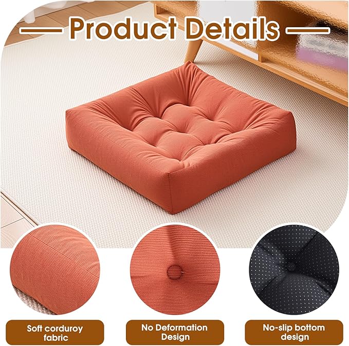 Tikuns Floor Pillows for Adults, 22x2x4 Inch Inch Meditation Cushions, Large Square Sitting Cushion Living Room Memory Foam Pillow for Sitting (4, Orange, 22x22x4 Inch)