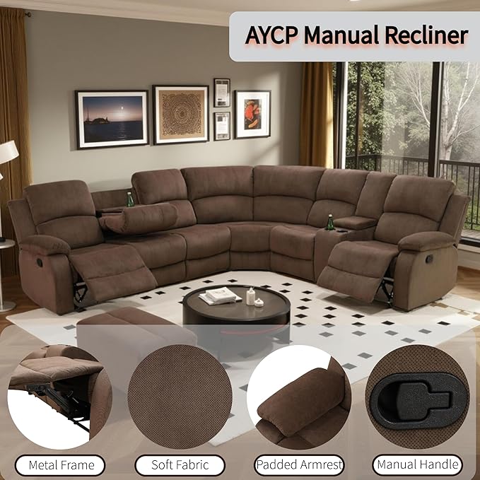 Manual Reclining Sofa Set with Drop-Down Table, Corduroy Sofa Sets, Living Room Furniture Sets, Modern Manual Recliner Sofa Sets with Storage Console for Living Room (Brown, Sectional)