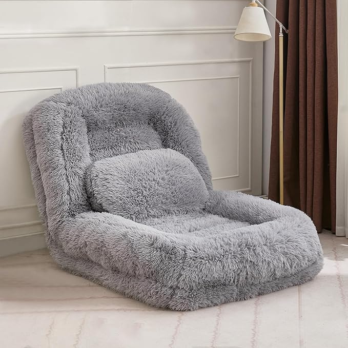 Upholstered Human Dog Bed for Adult & Pets, Convertible Lazy Sofa Bed with 5 Adjustable Position, Comfy Tatami Bean Bag Lounge Chair with 2 Soft Pillows for Bedroom Living Room (Light Gray Fluffy)