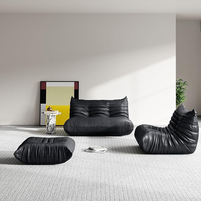 Foam Bean Bag Chairs for Adults,Big Faux Leather Bean Bag Lounger Couches, Modern Sofa,Floor Lazy Sponge Couch for Living Room Bedroom Dorm Office,Black