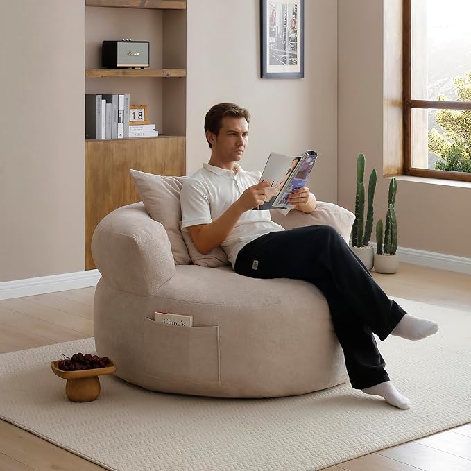 Round Boneless Cotton Linen Bean Bag Chair with Side Pocket - Compressed No Assembly Barrel Chaise Lounge, Soft Floor Sofa for Living Room & Bedroom (Khaki)