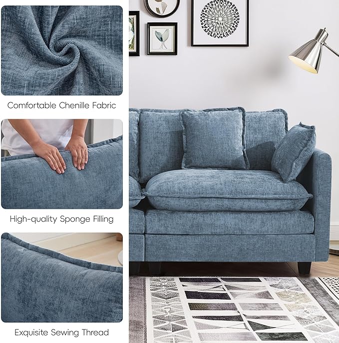 UMBFUN 3-Seater Cloud Couch with Ottoman, Oversized Comfy Modular Sectional L Shaped Sofa with Deep Seats, Chenille Couch for Living Room, Blue