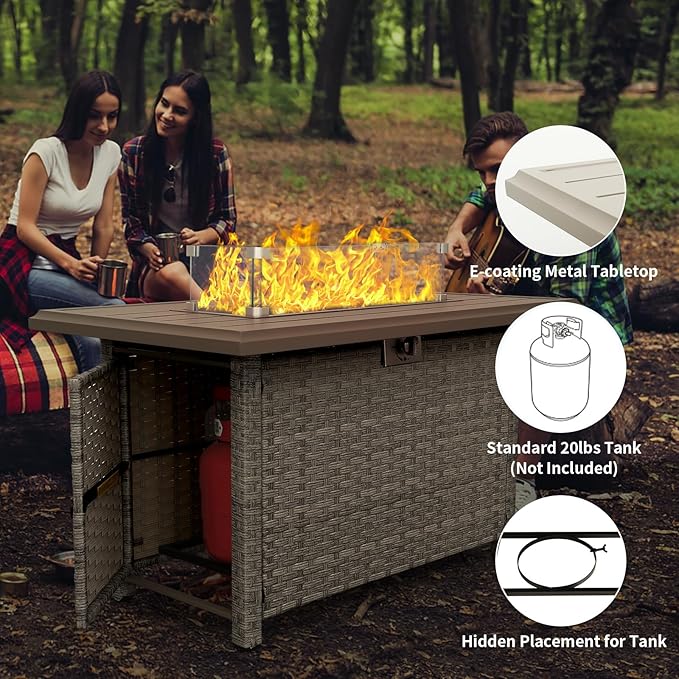 WAROOM Patio Furniture Set 4 Piece Wicker Conversation Sets PE Rattan Chair Outdoor Couch Sectional Sofa with Fire Pit Table, Peacock Blue Cushion