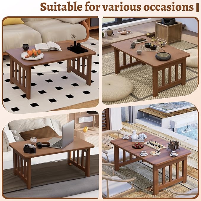 JNNXZZ Japanese Folding Coffee Table,Foldable Low Table for Sitting,Bamboo Collapsible Floor Tea Table,Portable Versatile Meditation Table for Tatami Living Room Home Office Apartment (Brown)
