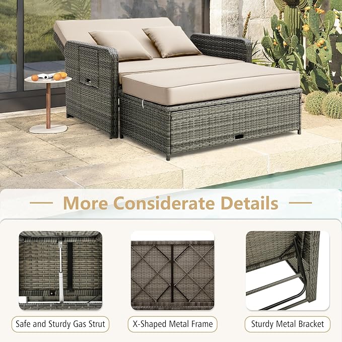 RELAX4LIFE Wicker Patio Outdoor Daybed - Rattan Day Bed Lounger w/Loveseat & Storage Ottoman, Sunbed Sofa Set w/Cushions, 4-Level Adjustable Backrest & 2 Retractable Trays, Patio Daybed (Beige-Grey)