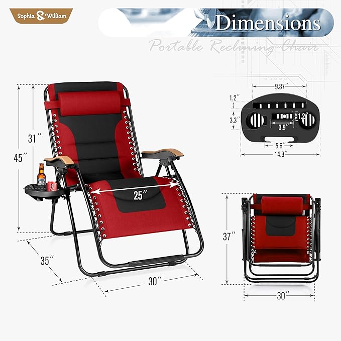 Sophia & William Oversize Zero Gravity Chair, Padded Recliner with Free Cup Holder, Supports 400 LBS (Red)