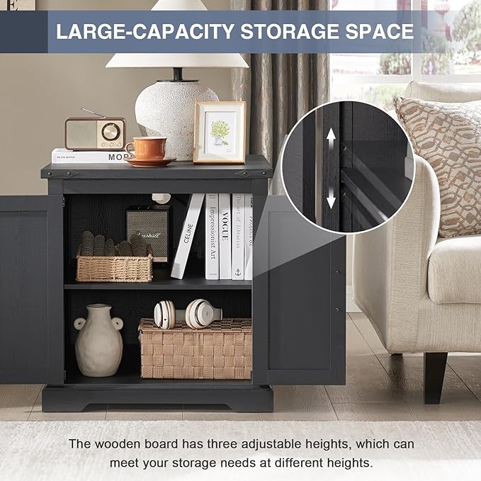 Barnyatoh Farmhouse End Table with Charging Station,24" Large Side Table with Barn Door, Rustic Wood Square Nightstand Bedside Table with Adjustable Storage Shelf for Living Room, Bedroom,Black 2-Pack