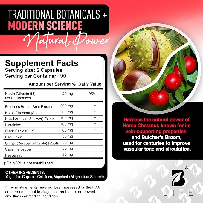 Butcher’s Broom, Horse Chestnut, L-Arginine and Resveratrol, Circulation Complex | 180 Caps - 45 Days | Made in USA by B Life. (CirculationUSA)