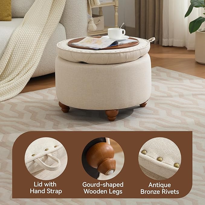 WUTUTUEE 24Inch Round Storage Ottoman with Tray, Modern Tufted Fabric Circle Coffee Table with Storage, Upholstered Ottoman with Removable Top for Living Room, Bedroom, Khaki