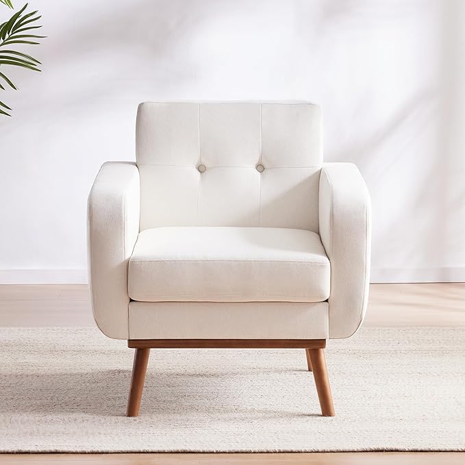 HUIMO Fabric Accent Chair, Mid Century Modern Arm Chair Button Tufted Living Room Chairs Easy to Install, Upholstered Comfy Sofa Chair for Bedroom Study Office Reading Corner (White)