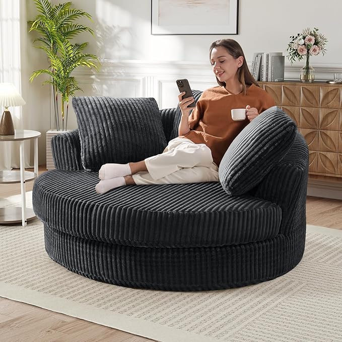 61"W Oversized Round Chaise Lounge Chair Indoor, Upholstered Corduroy Large Circle Boneless Chair with Deep Seat, No Assembly Required, Modern Comfy Cloud Sofa Chairs for Living Room, Bedroom(Grey)