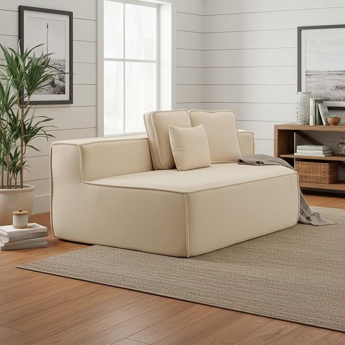 EPOFIT 1-Seater Teddy Fleece Modular Sofa Chair, Low-Profile Floor Seat with Wide Cushion and All-Foam Support, Right-Facing Design, Compressed Packaging – Beige