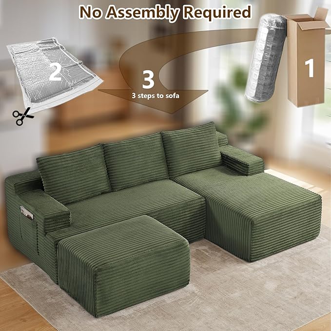 96" U-Shape Cloud Couch, Modern Modular Sectional L-Shape Sofa with Ottoman, Corduroy Upholstered Couches Deep Seat Sleeper Chaise Longue for Living Room, No Assembly Required(Green, Right Facing)