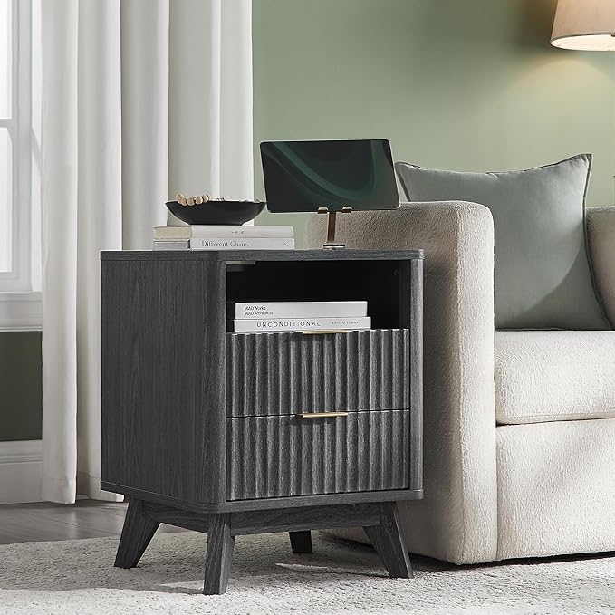 T4TREAM Fluted Nightstand Set of 2 with Charging Station, 18" Modern Side Table, 2 Drawers End Table with Storage, Bedside for Bedroom, Living Room, Curved Profile Design, Dark Alder