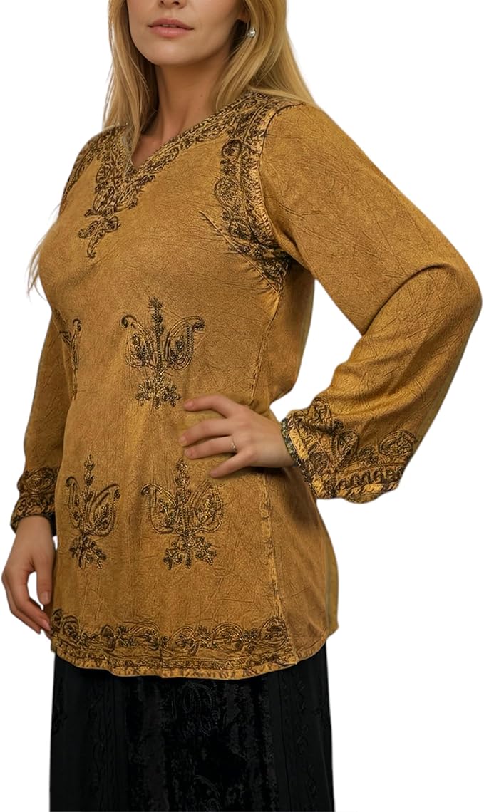 Agan Traders 2025 Winter Long Sleeve Diamond Neck Embroidered Tops - Medieval Boho Vintage Tunic Kurta Blouses for Women