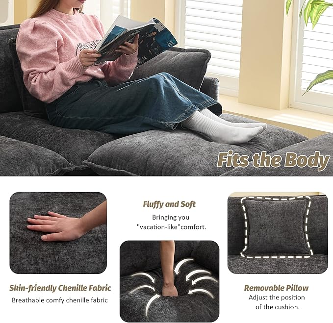 WUTUTUEE 41'' Modern Chenille Oversized Chair, Upholstered Accent Living Room Chair with Extra Thicked Deep Seat, Single Lounge Chair for Bedroom, Small Apartment, Dark Grey