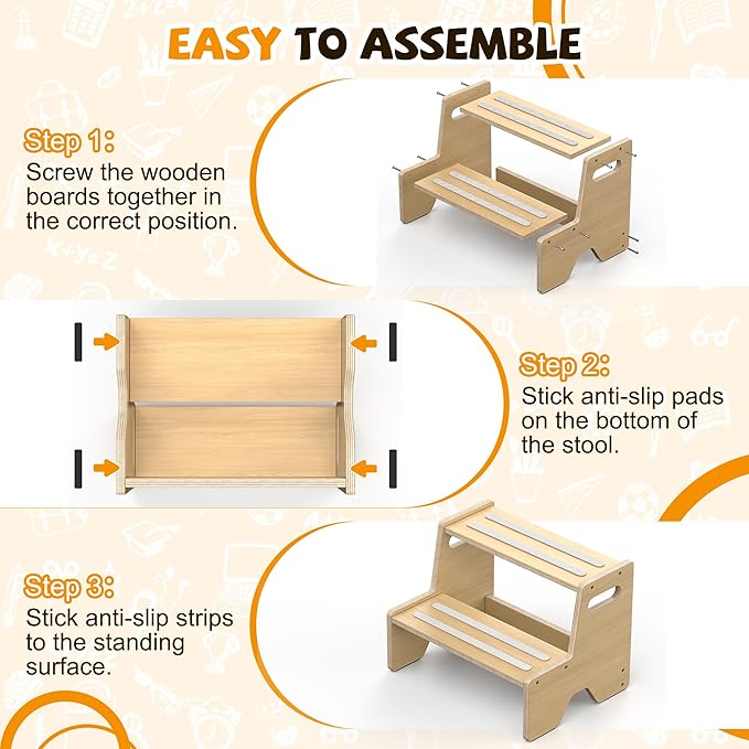 Uiirvdy Step Stool for Toddler, Sturdy Wooden 2-Step Stool with Anti-Slip Surface and Pads for Barthroom, Kitchen, Bedroom, Toilet, and Potty Training - 1 Pack