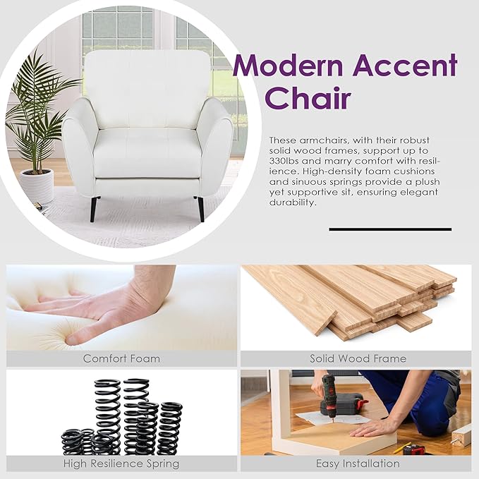 TYBOATLE Accent Chair Comfy Modern Living Room Chair White Leather Reading Accent Chairs Tufted Mid Century Moden Arm Chair Small Salon Chair for Office Bedroom (1, White)