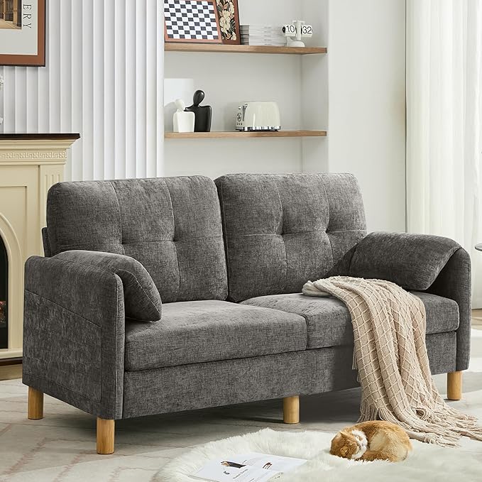 WUTUTUEE 65" Chenille Modern Loveseat Sofa, Upholstered 2-Seater Love Seat Couch with Armrest Pillows, Storage Pockets, Easy Assembly, Tufted Loveseat Couches for Living Room Bedroom, Light Grey