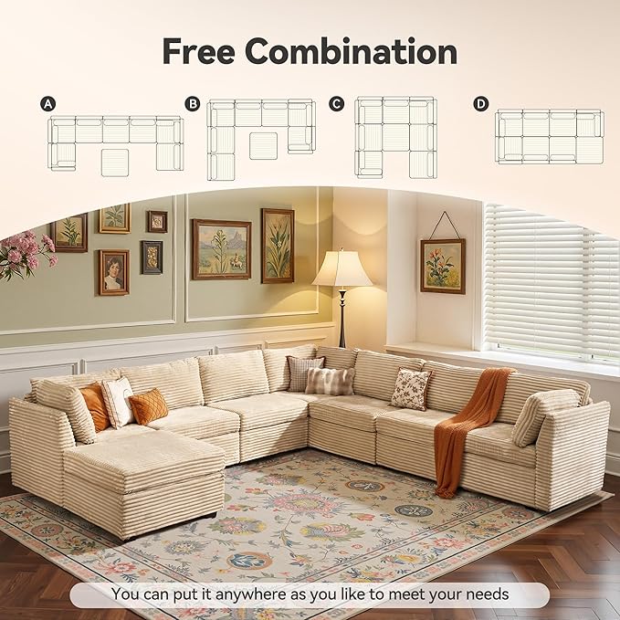 CAODOC Large 8 Seat Modular Sectional Sofa with Ottoman Seat Corduroy Sleeper Sectional Sofa Bed Oversized Convertible Modular Couch for Living Room