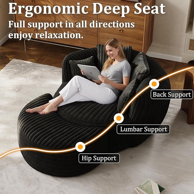50" W Oversized Round Chaise Lounge Chair with Ottoman Indoor Boneless Plush Fluffy Corduroy Circle Couch Soft Comfy Cozy Cloud Reading Chair for Living Room, Playroom, Bedroom - Black