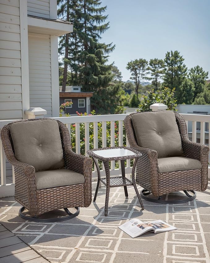 ACTREST Patio Chairs Outdoor Swivel Glider - Set of 2 High Back Outside Brown Wicker Rattan Rocking Chair with Zippered Cushion for Porch Apartment Deck Yard Poolside Garden - Grey