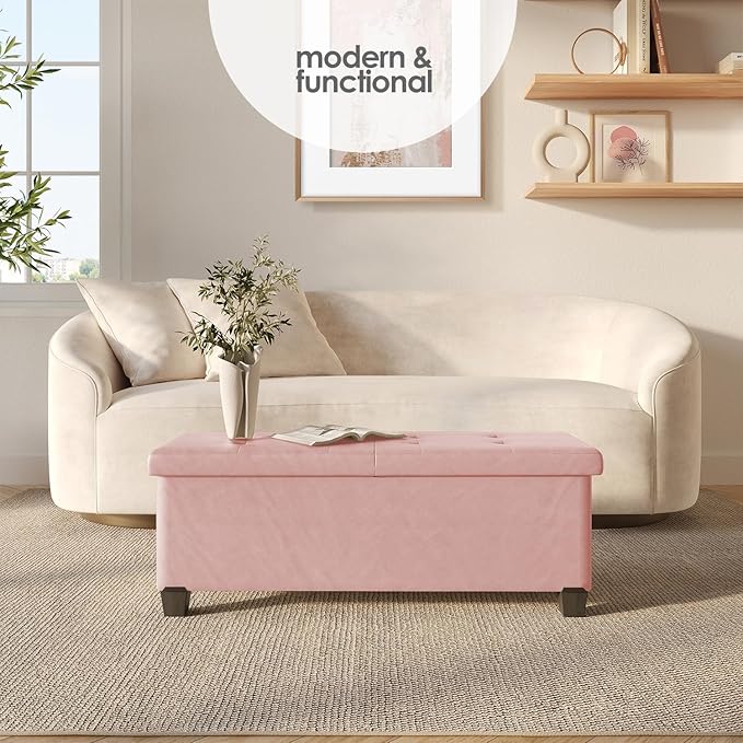Storage Ottoman Bench with Bins, 43-in Storage Bench for Bedroom End of Bed, Folding Foot Rest Ottoman for Living Room Max 660lbs, Faux Leather Ottomans, Pink