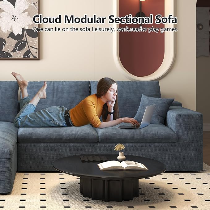 107'' U-Shaped Modern Modular Sectional Cloud Couch Whit Ottoman, 4-Seat Chenille Deep-Seat Sofa with Pillow for Living Room, Bedroom, Apartment, Ocean Blue