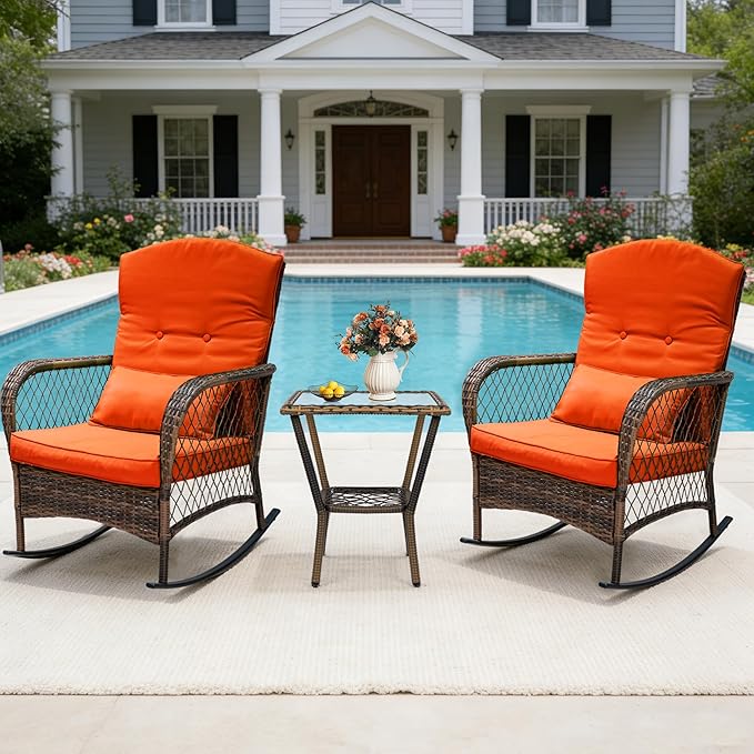 Sgentle 3 Piece Wicker Rocking Chairs, Outdoor Patio Rocking Chairs Set of 2 with Side Table, All-Weather Outdoor Rattan Rocking Chair with Cushions & Frame for Lawn Porch Garden (Red, Style 4)