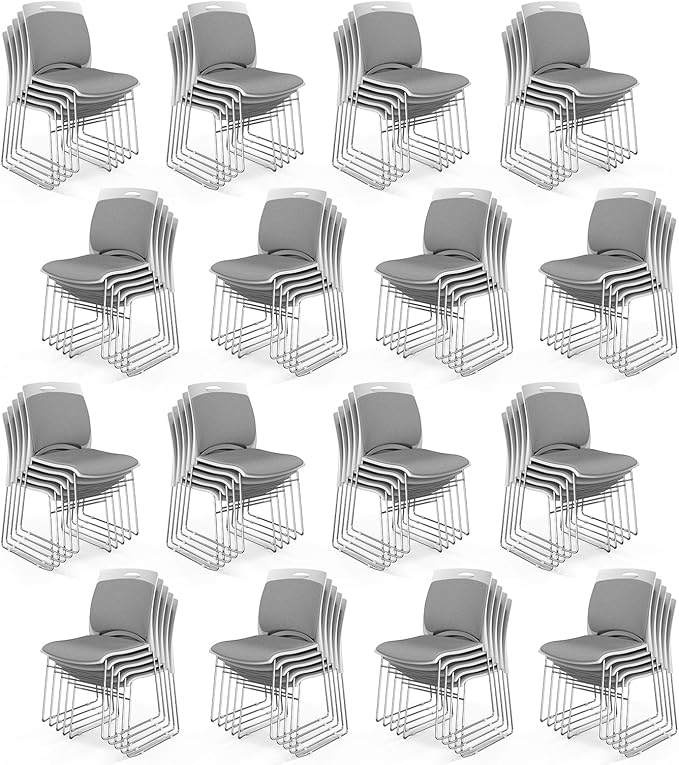 VINGLI Stackable Chairs Set of 80, Stacking Office Chairs with Metal Sled Base, Ergonomic Plastic Padded Seat & Back, Capacity 350lbs, Stacking Chairs for Waiting Room Break Room Banquet Guest, Gray