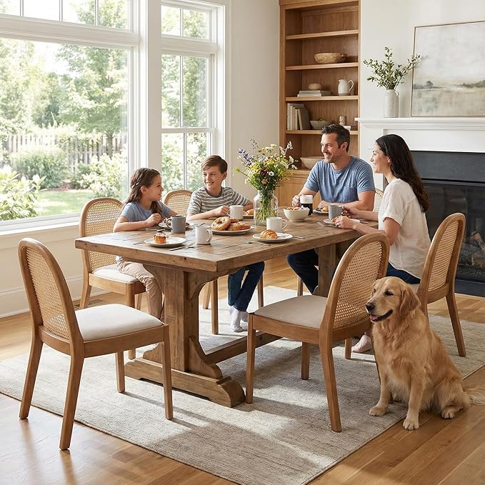 DUOMAY Mid-Century Modern Rattan Dining Chairs Set of 6, Wooden Dining Room Chair with Cane Backrest and Padded Seat, Linen Upholstered Dining Chair, Natural Finish, Beige